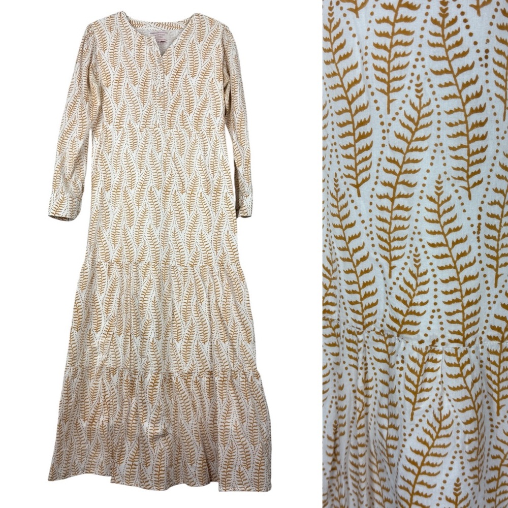 Hampton House Palm Leaf Gold Beige Printed Long Sleeve Cotton Dress